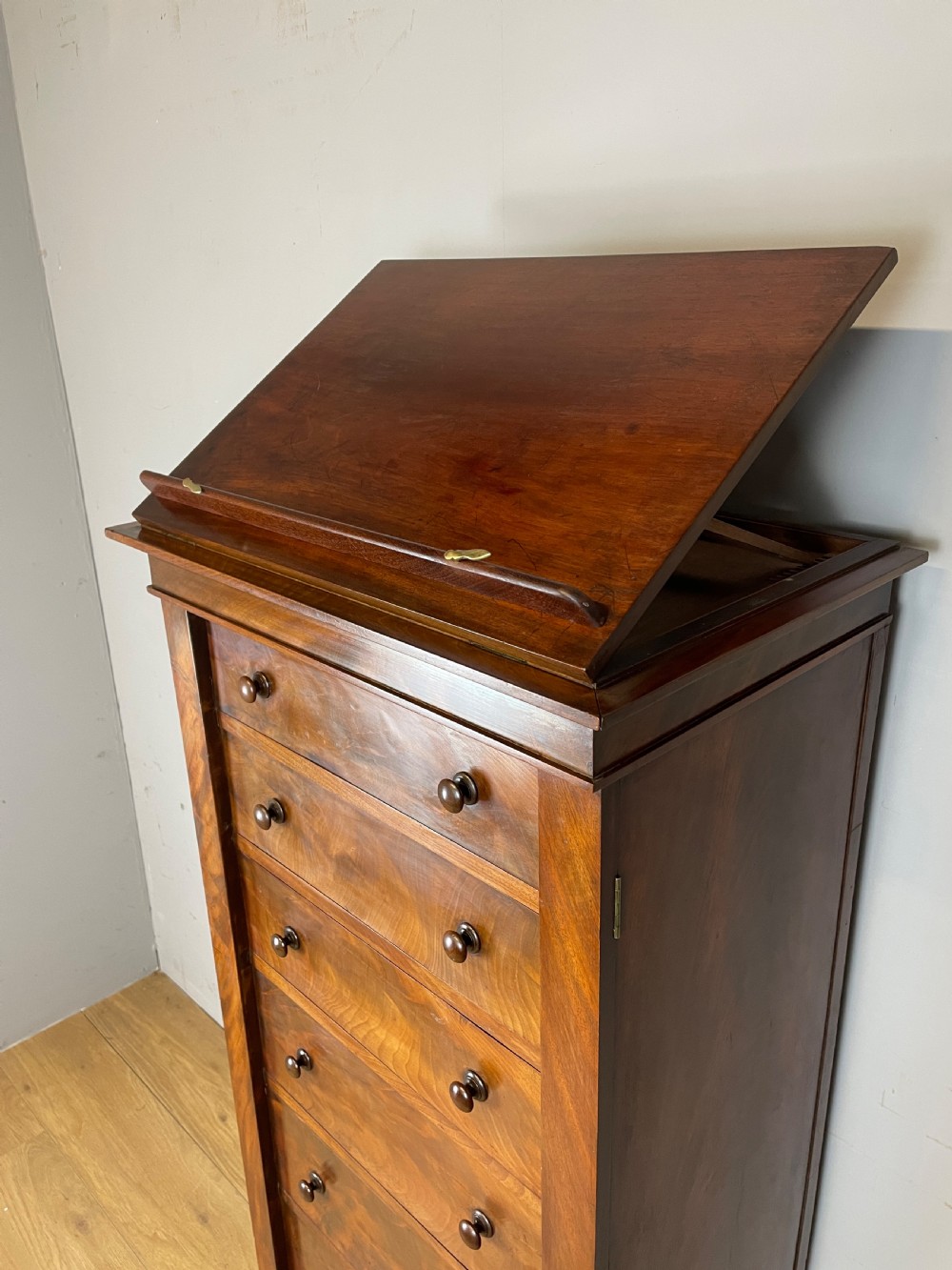 C19TH Large country house flame mahogany Wellington chest  View V