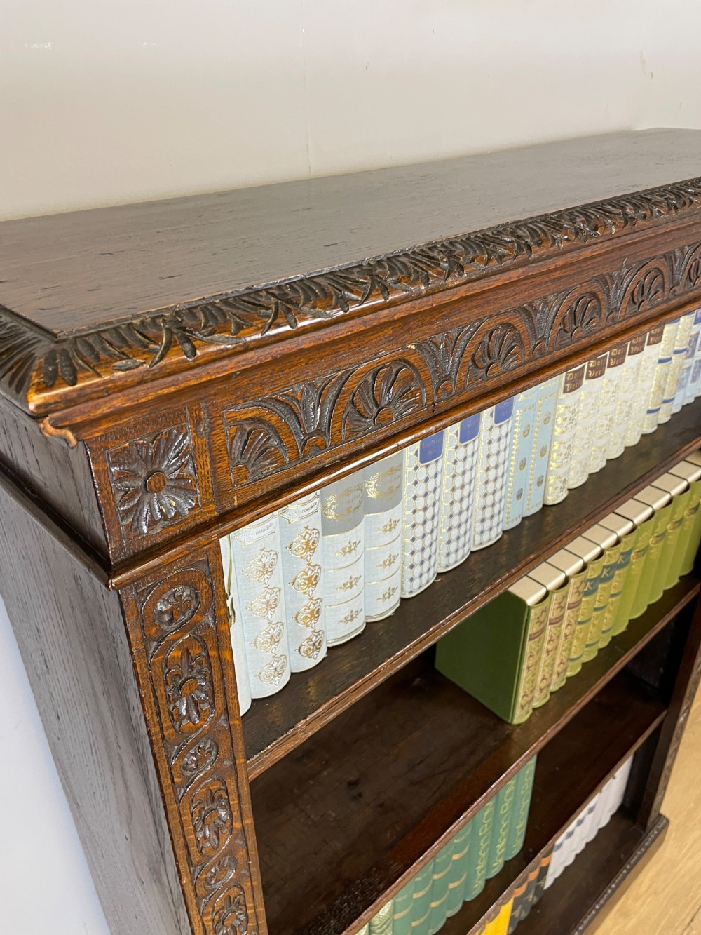 C19TH solid oak freestanding open bookcase  View II