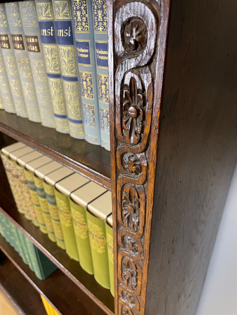 C19TH solid oak freestanding open bookcase  View V