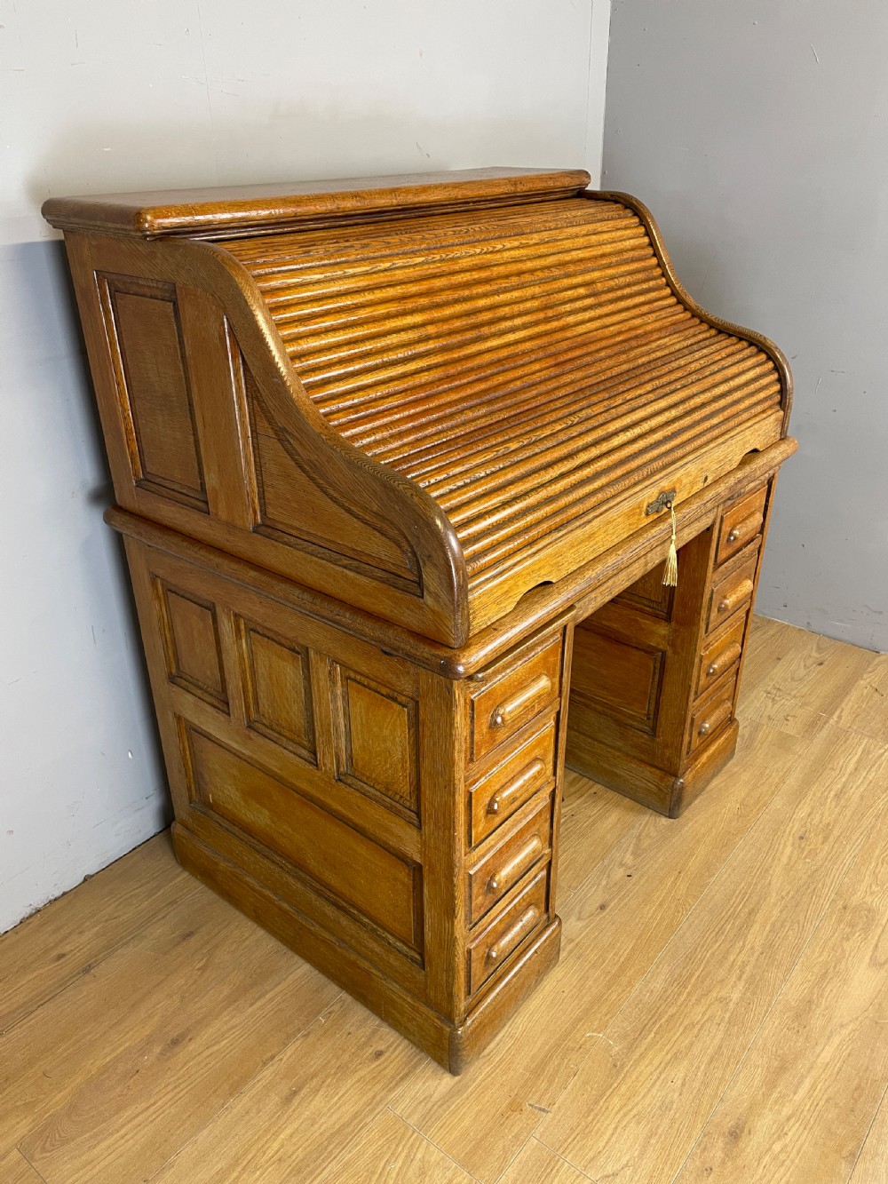 Oak roll top desk by the Derby desk Co USA View II