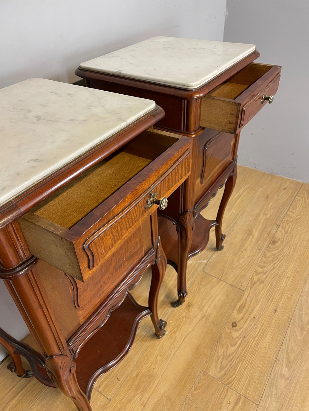 C19TH pair of French mahogany bedside cabinets  View V
