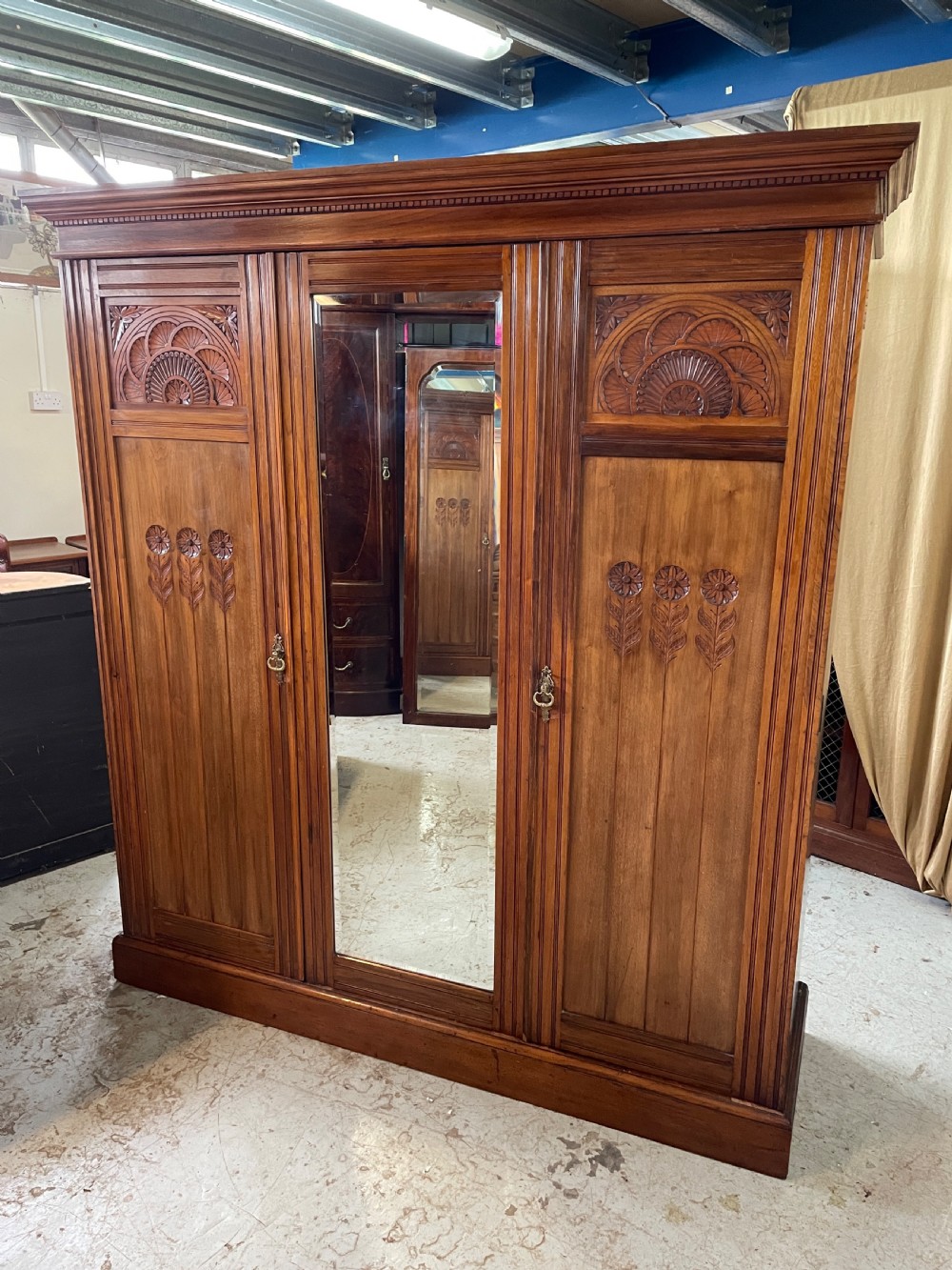 Arts and crafts solid walnut three door wardrobe circa 1890 View III