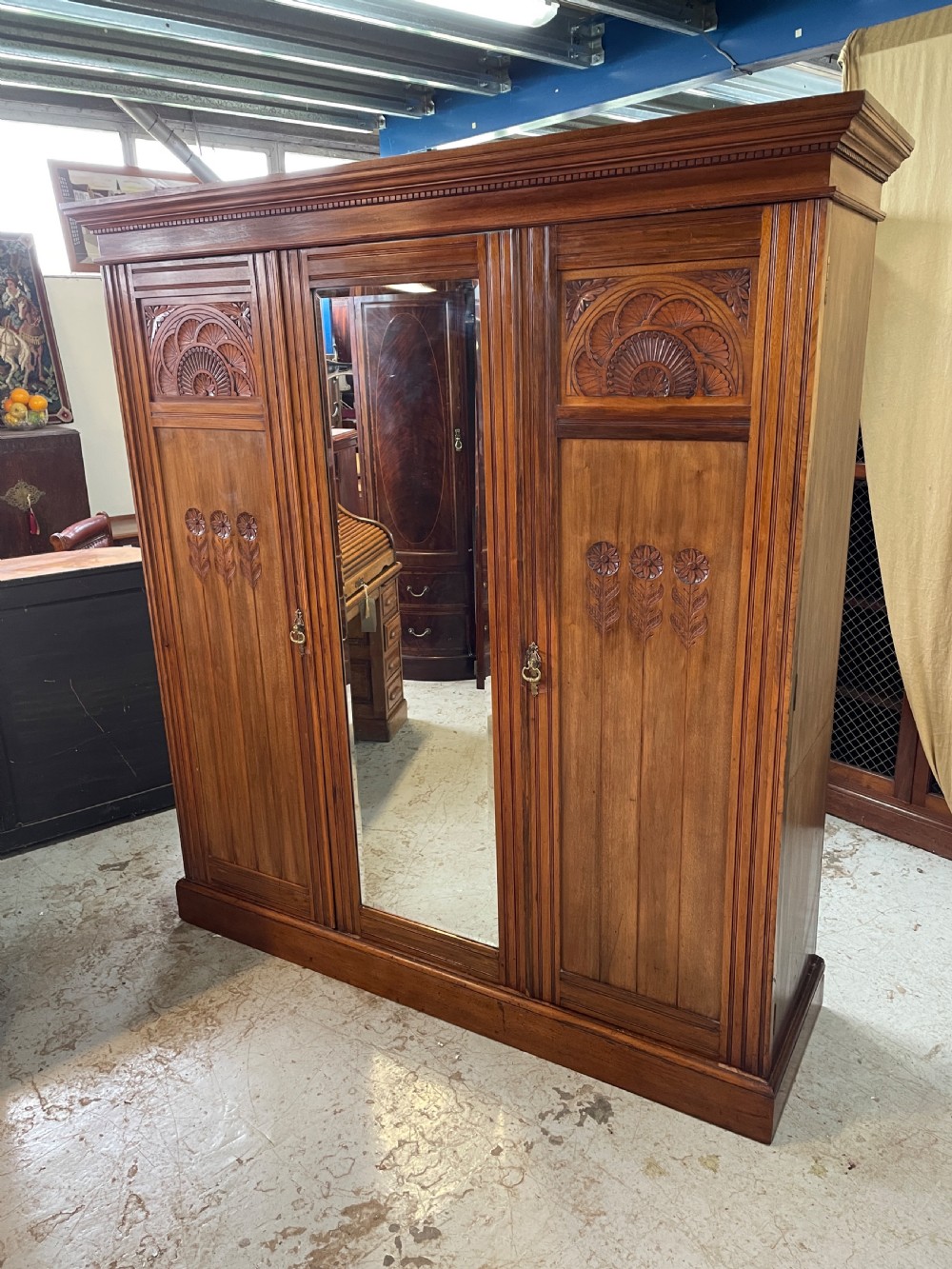 Arts and crafts solid walnut three door wardrobe circa 1890 View IV
