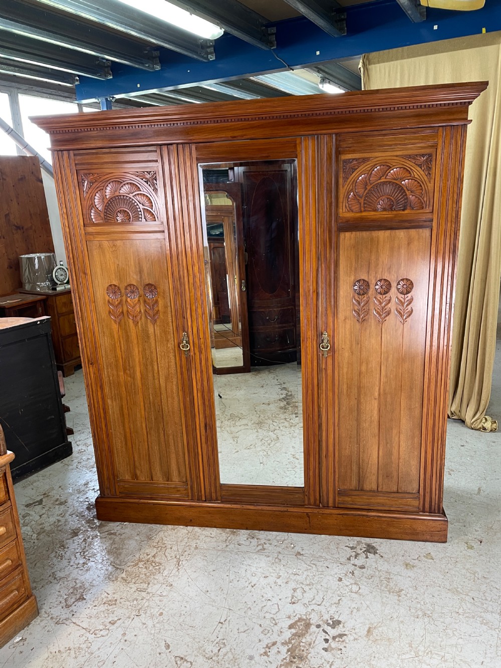 Arts and crafts solid walnut three door wardrobe circa 1890 View V