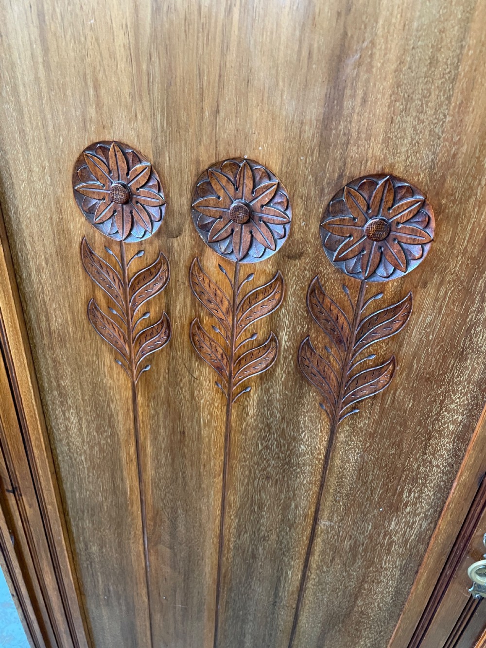 Arts and crafts solid walnut three door wardrobe circa 1890 View VI