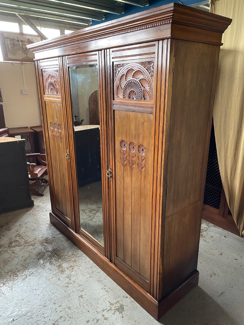 Arts and crafts solid walnut three door wardrobe circa 1890 View VII