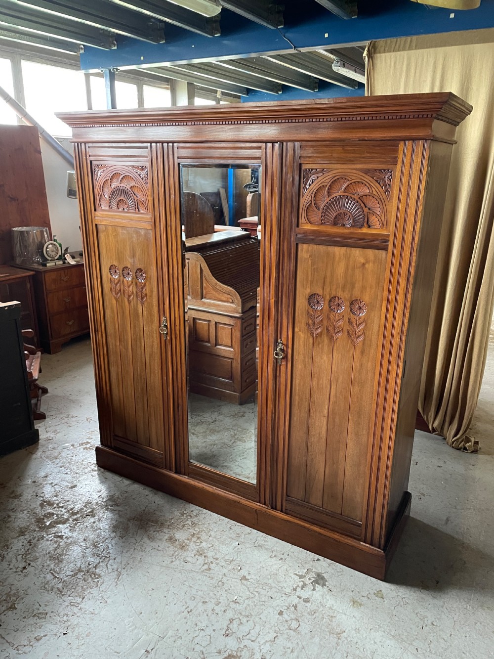 Arts and crafts solid walnut three door wardrobe circa 1890 View VIII