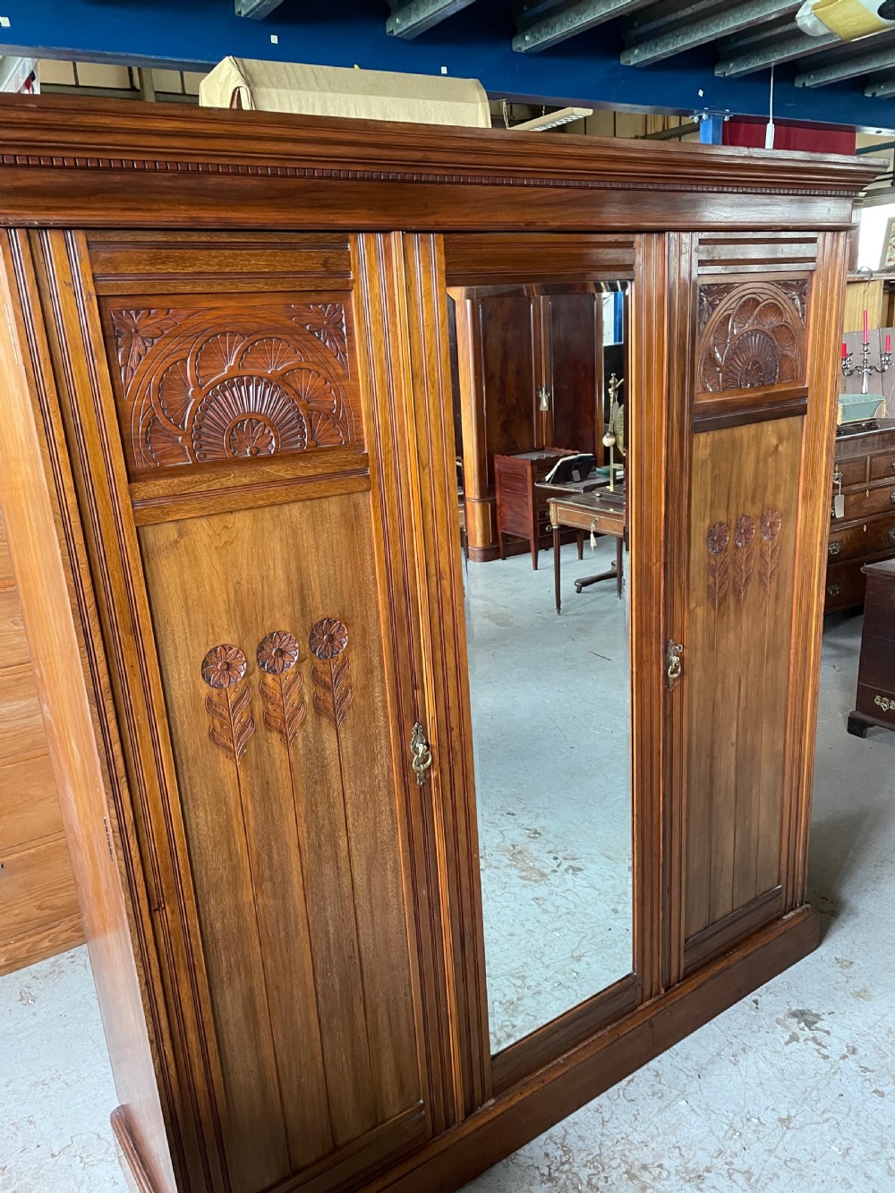 Arts and crafts solid walnut three door wardrobe circa 1890 View IX