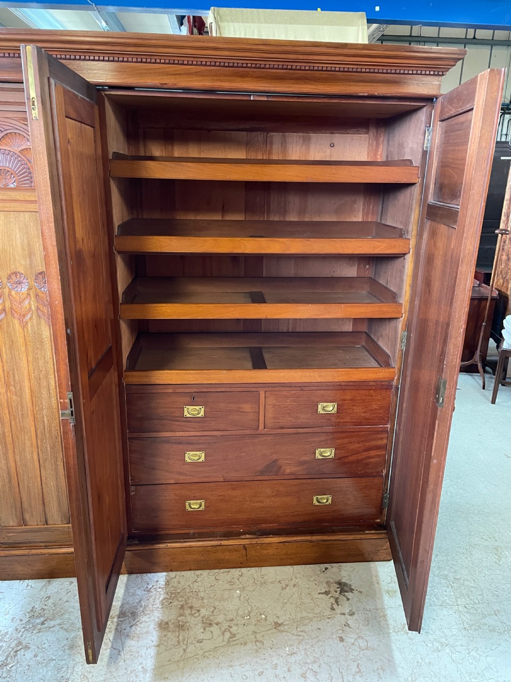 Arts and crafts solid walnut three door wardrobe circa 1890 View X