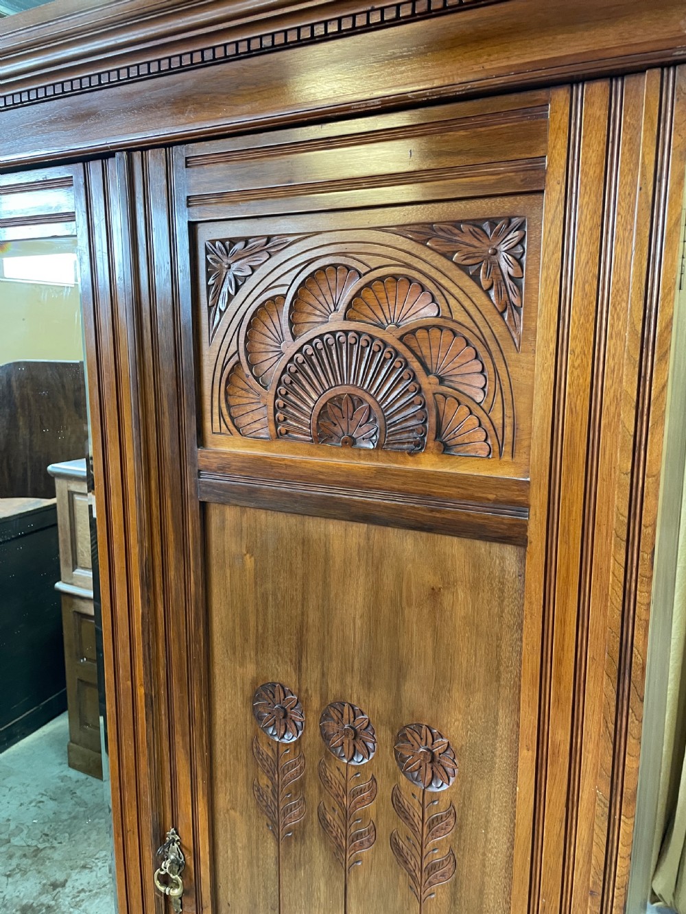 Arts and crafts solid walnut three door wardrobe circa 1890 View XIV