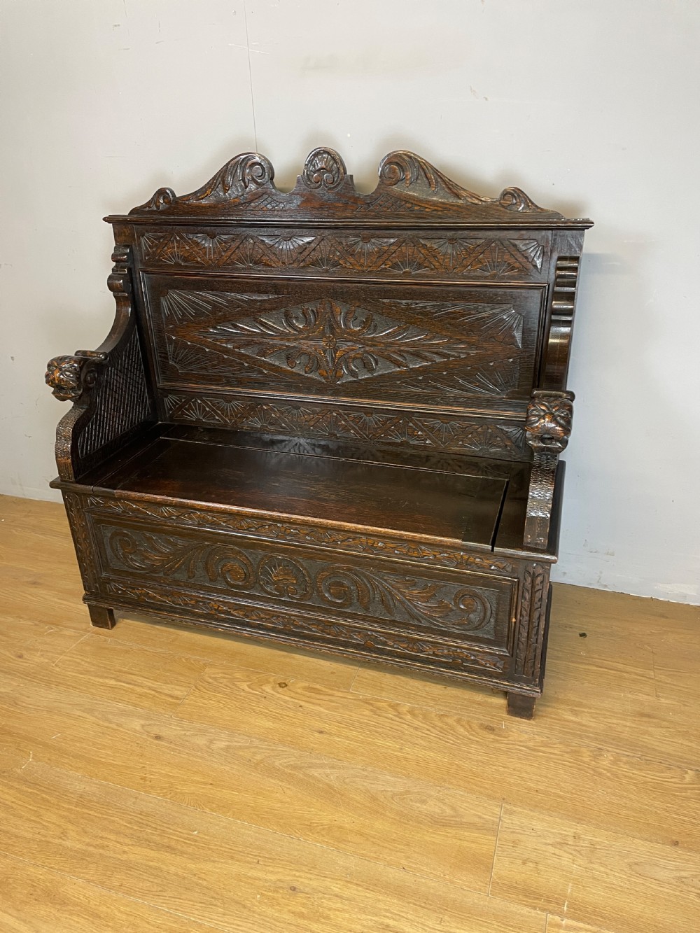 C19TH carved oak box settle  View II