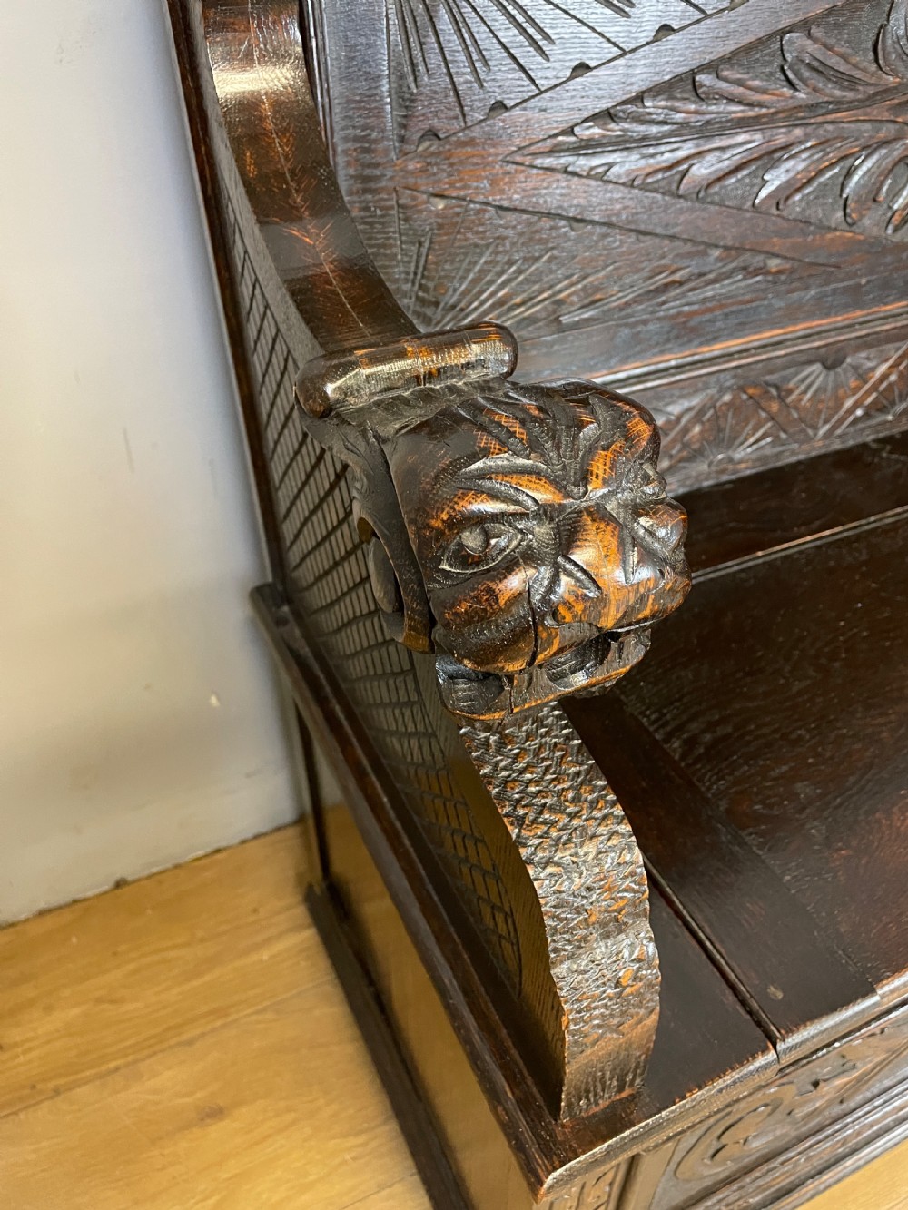 C19TH carved oak box settle  View III