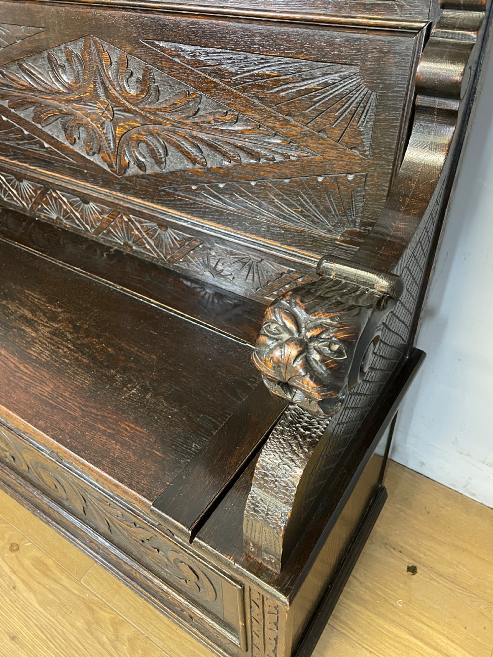 C19TH carved oak box settle  View IV