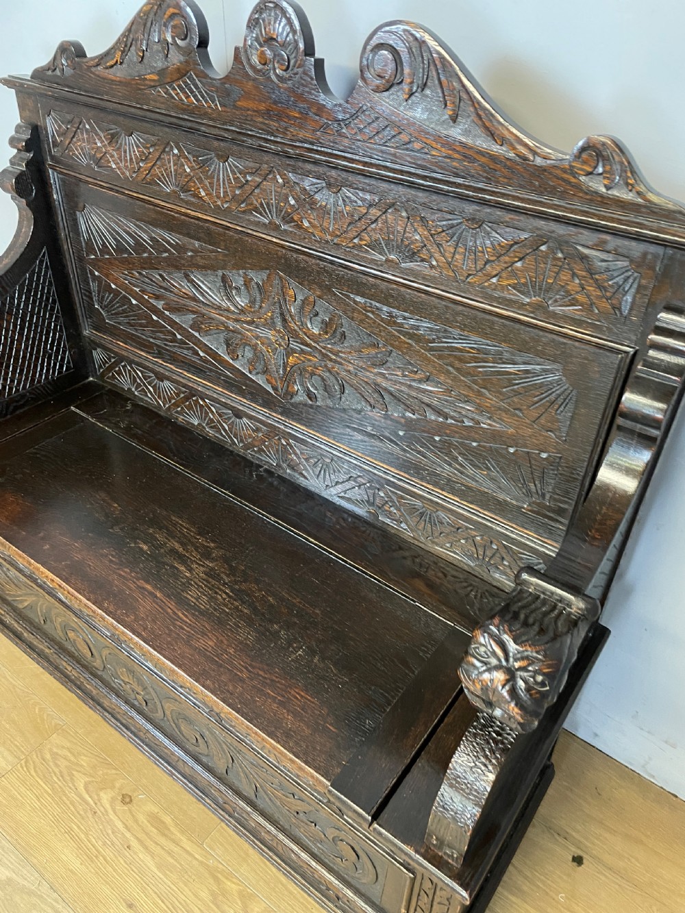 C19TH carved oak box settle  View V