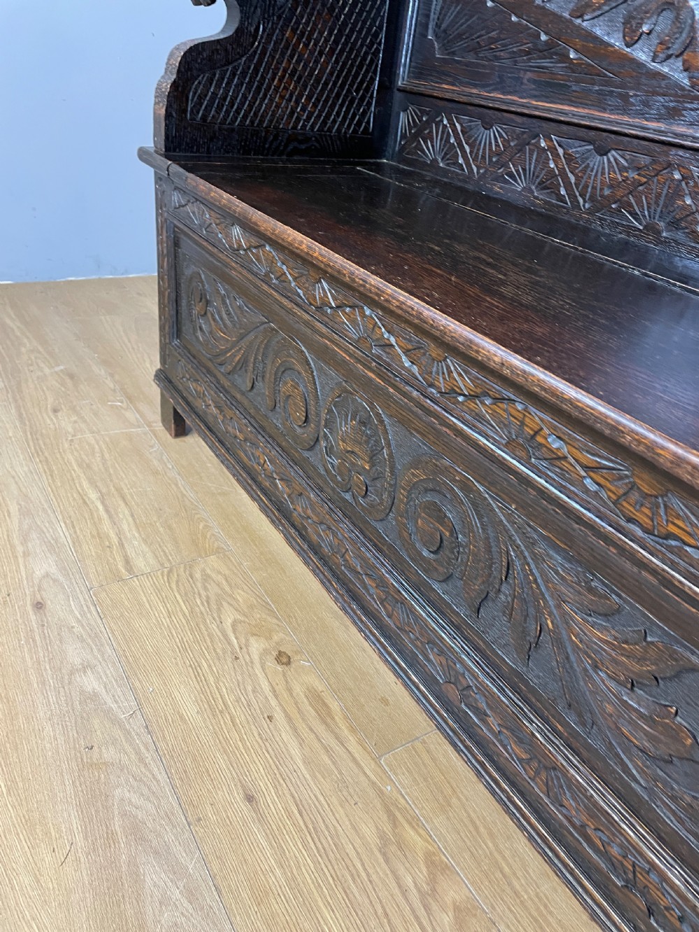 C19TH carved oak box settle  View VI
