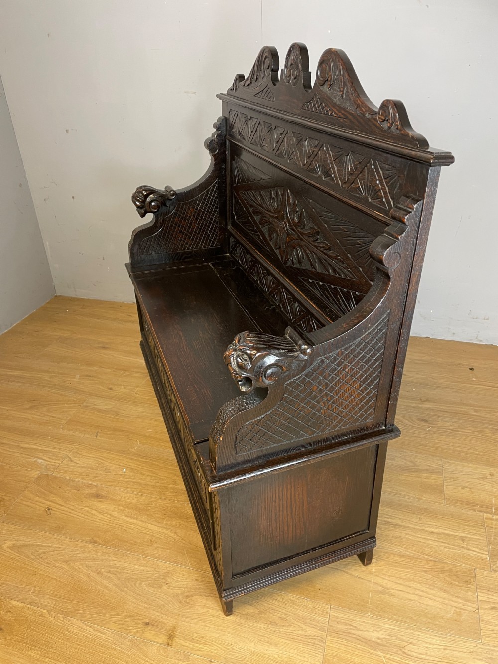 C19TH carved oak box settle  View IX