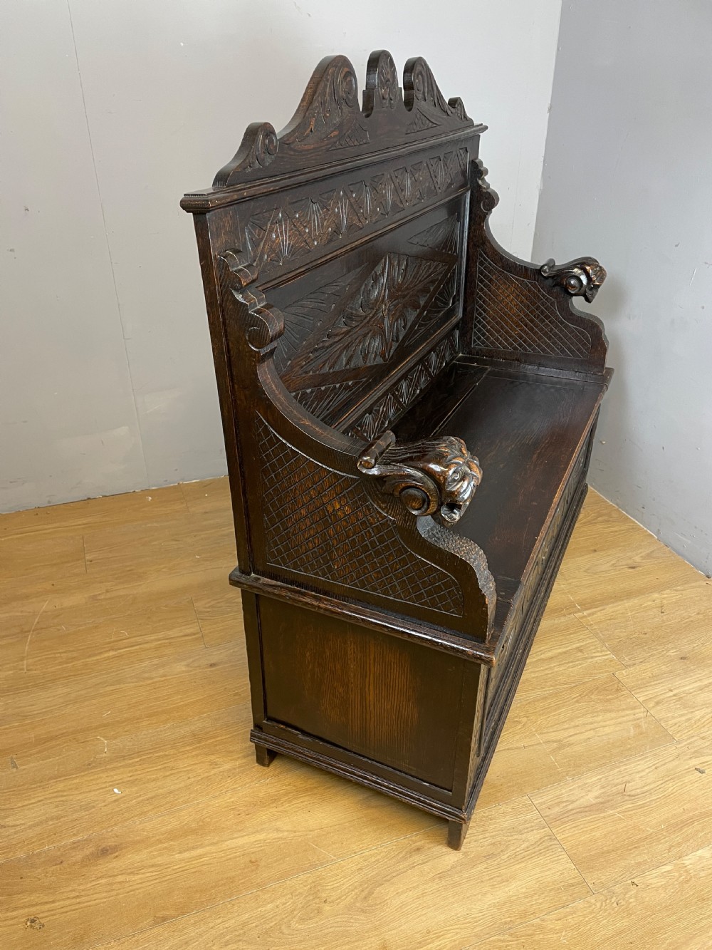 C19TH carved oak box settle  View X