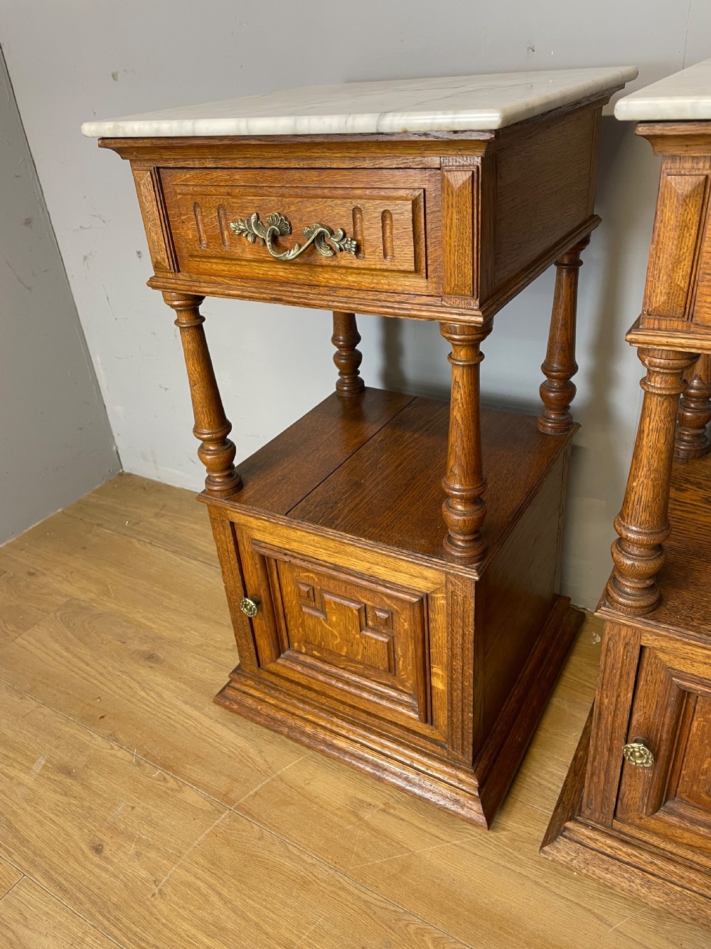C19TH pair of French oak bedside cabinets with marble tops  View IV