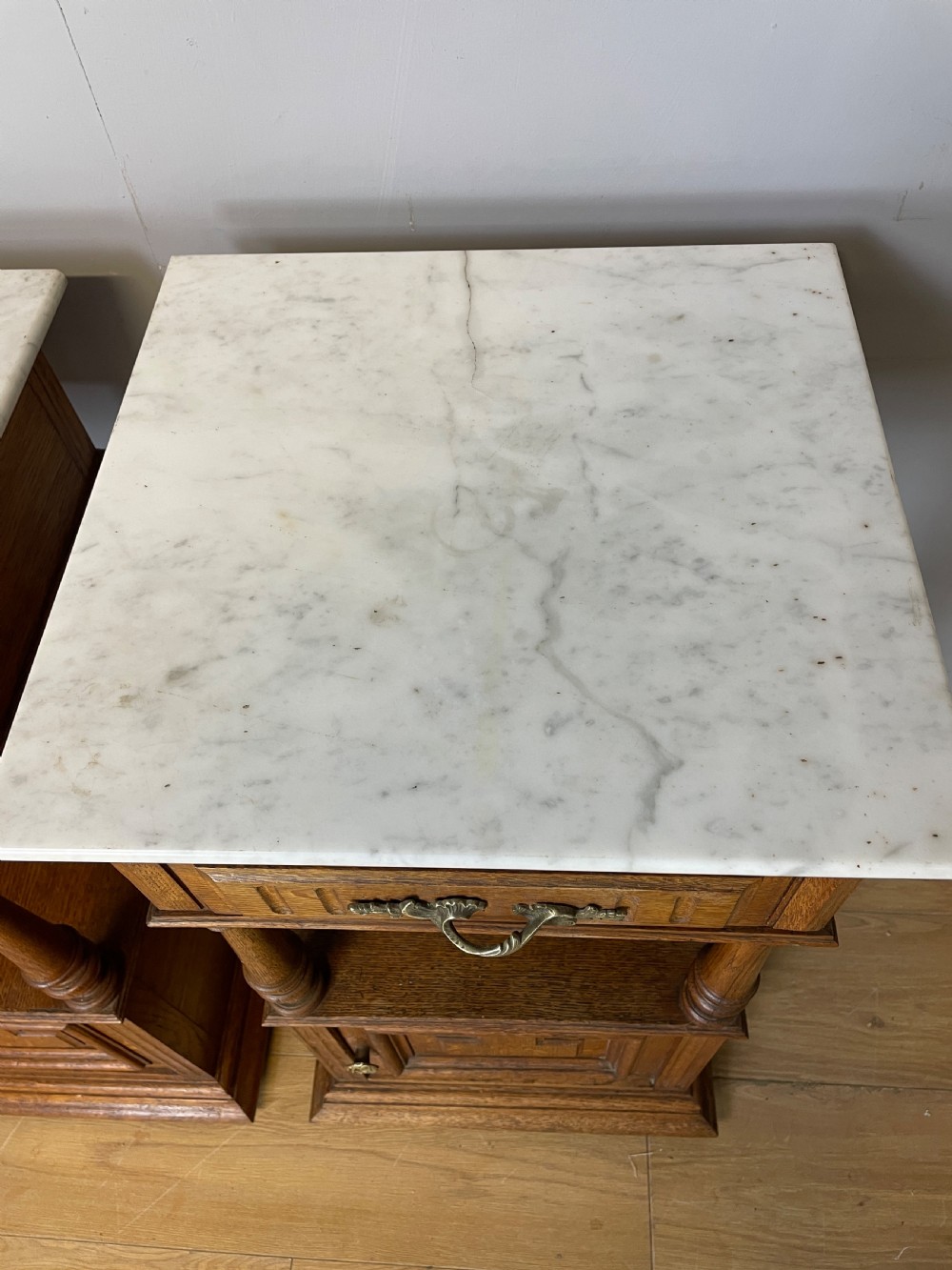C19TH pair of French oak bedside cabinets with marble tops  View V