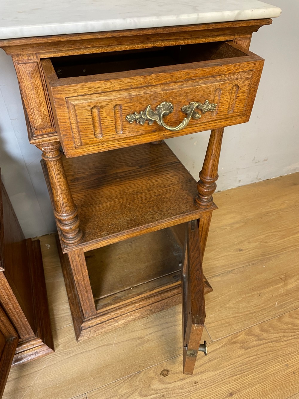 C19TH pair of French oak bedside cabinets with marble tops  View VII