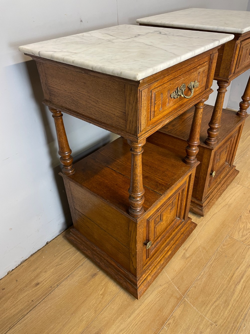 C19TH pair of French oak bedside cabinets with marble tops  View VIII