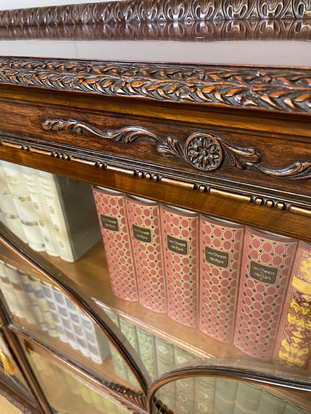 Edwardian carved Georgian style mahogany freestanding glazed bookcase  View III
