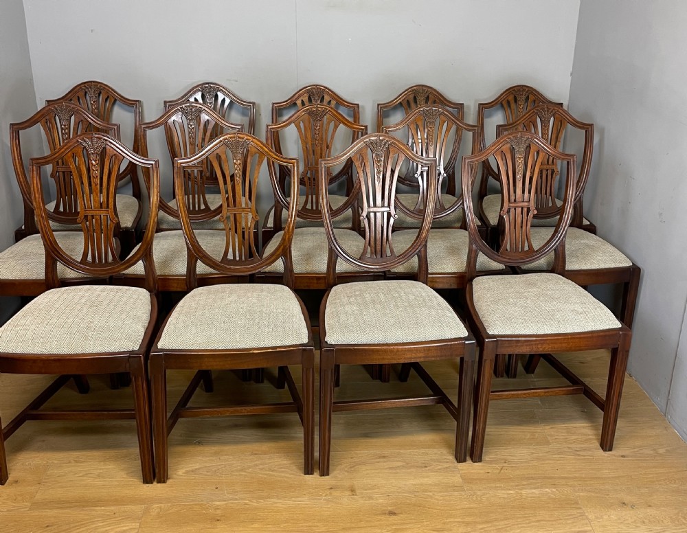Edwardian set 14 mahogany Hepplewhite style dining chairs with provenance  View II