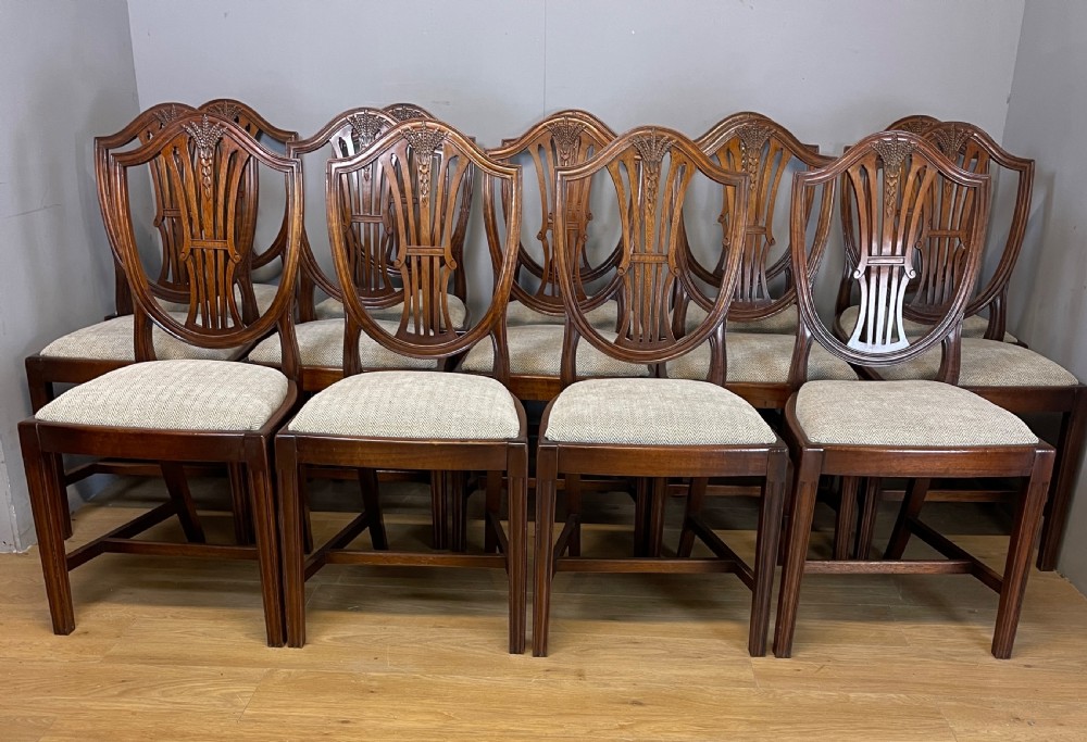 Edwardian set 14 mahogany Hepplewhite style dining chairs with provenance  View III