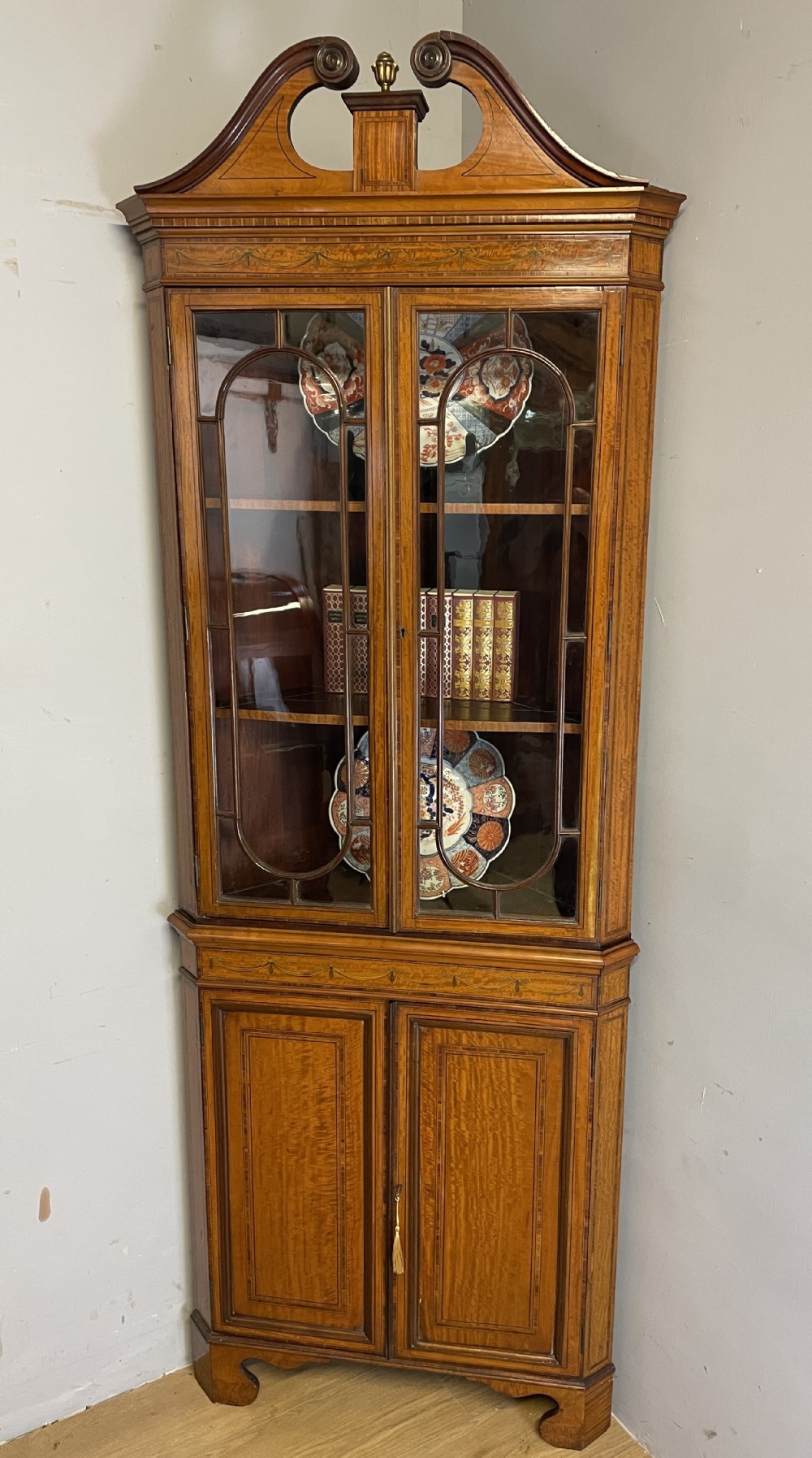 C19TH Sheraton revival painted and inlaid satinwood standing corner cupboard 