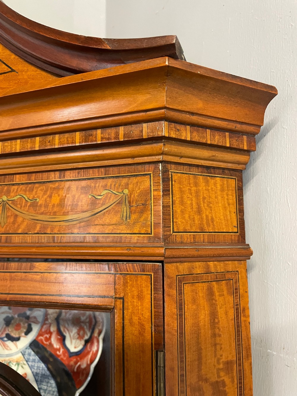 C19TH Sheraton revival painted and inlaid satinwood standing corner cupboard  View V