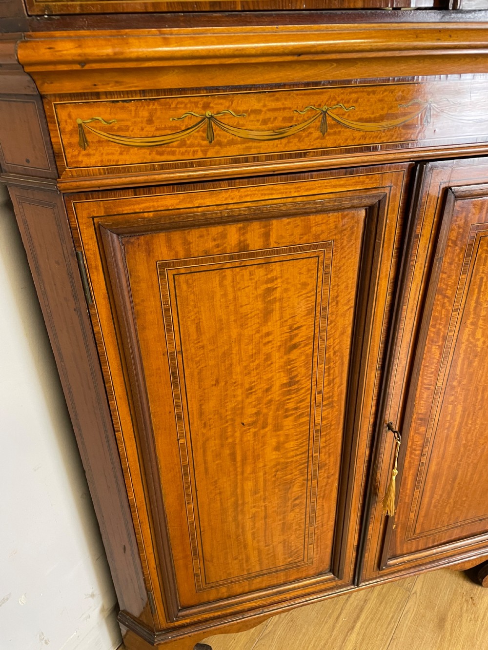C19TH Sheraton revival painted and inlaid satinwood standing corner cupboard  View VI