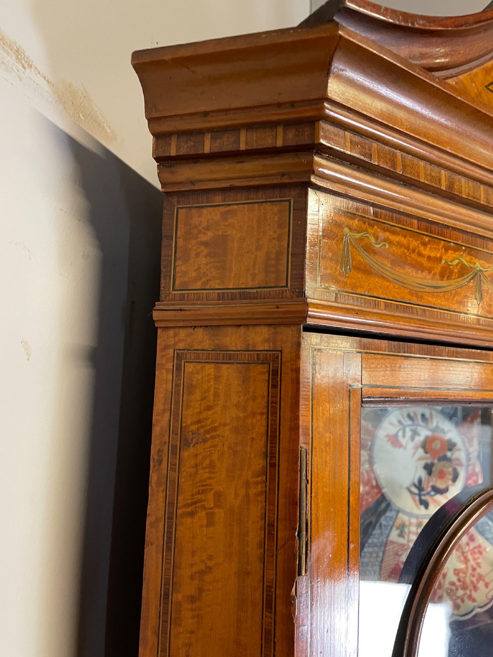 C19TH Sheraton revival painted and inlaid satinwood standing corner cupboard  View VII