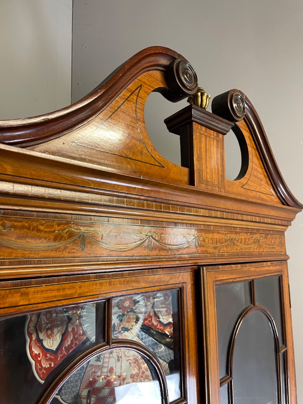 C19TH Sheraton revival painted and inlaid satinwood standing corner cupboard  View VIII