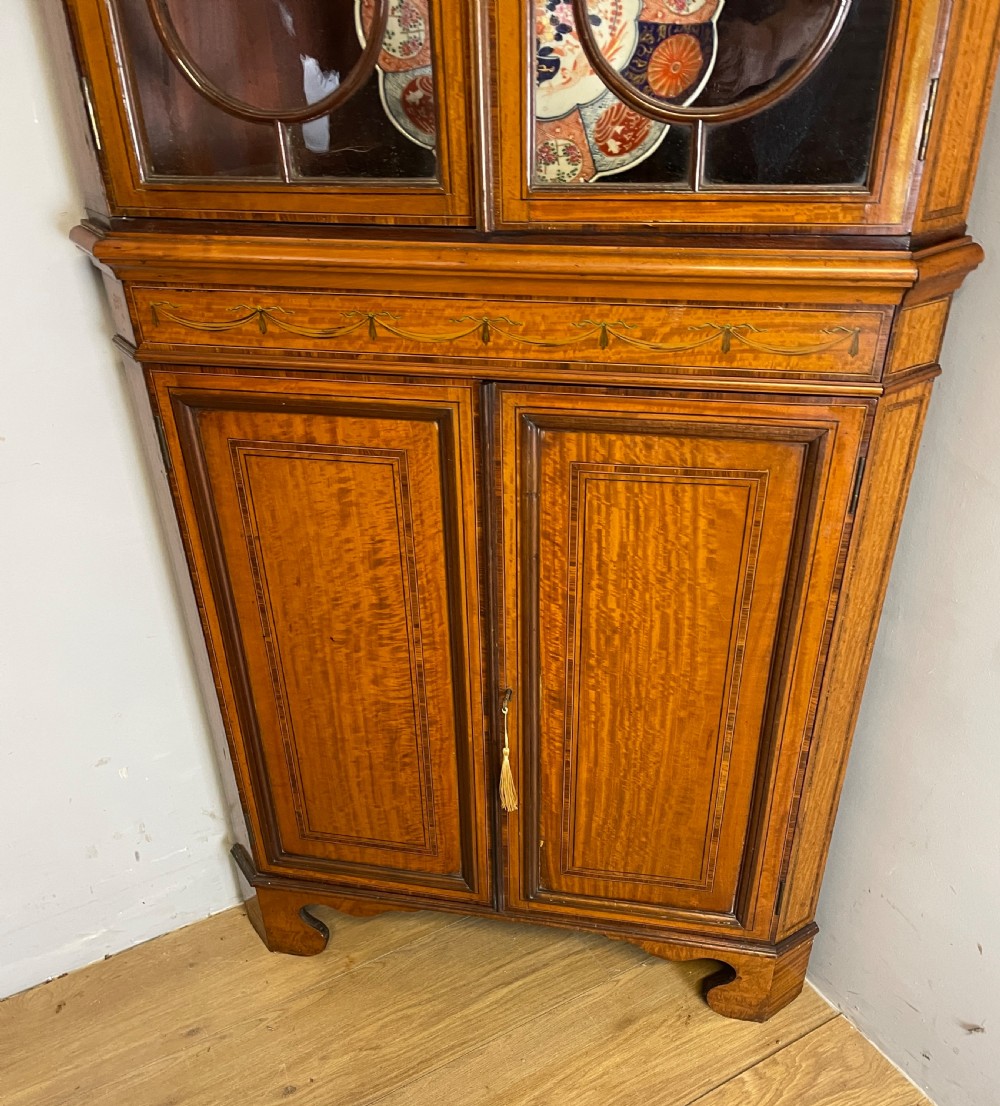 C19TH Sheraton revival painted and inlaid satinwood standing corner cupboard  View IX