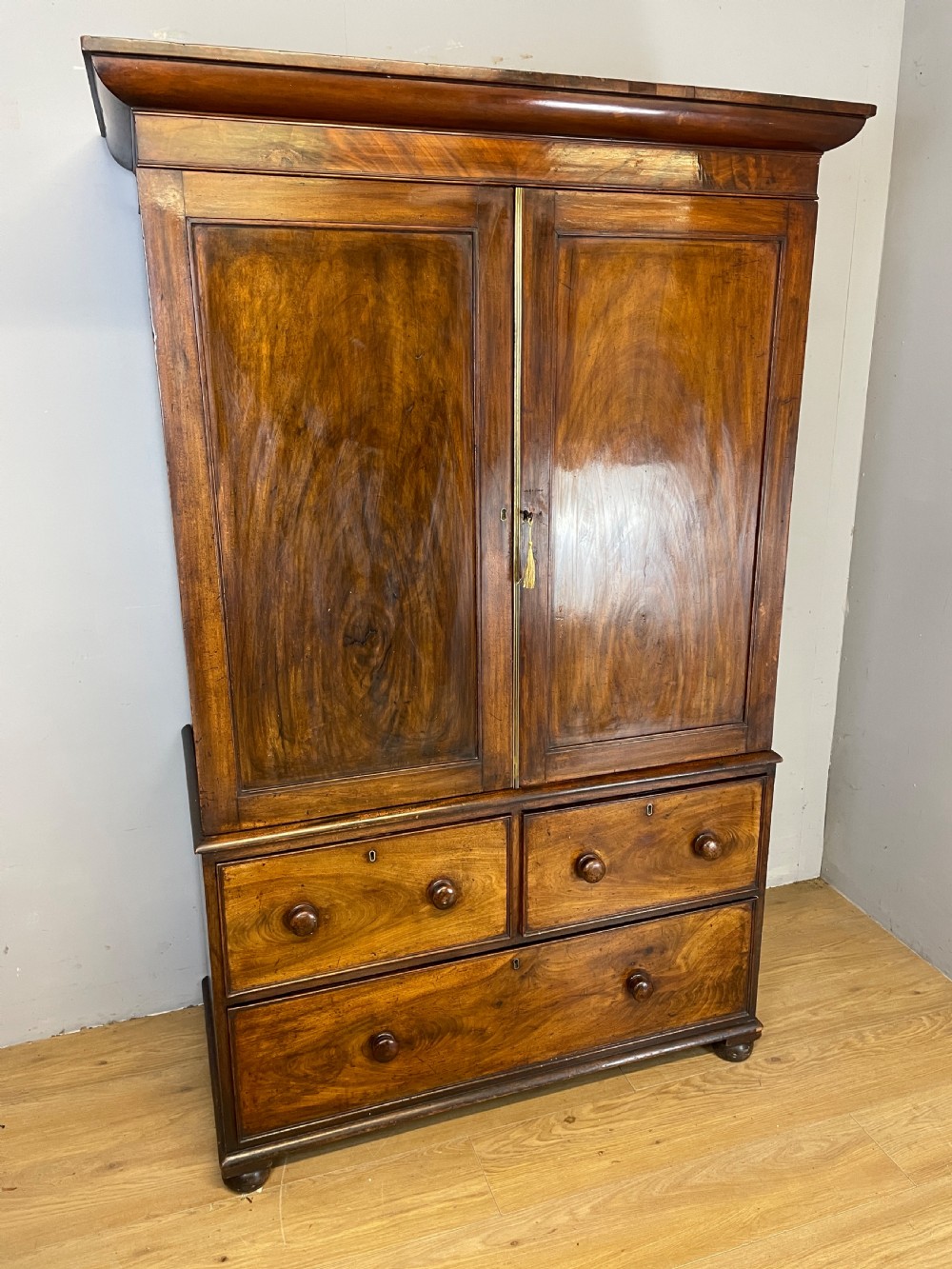 Georgian country house flame mahogany linen press  View II