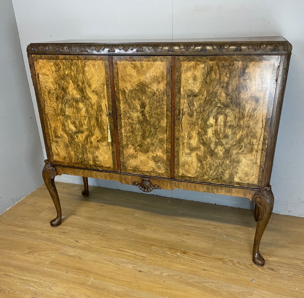 Burr walnut three door side cabinet circa 1920