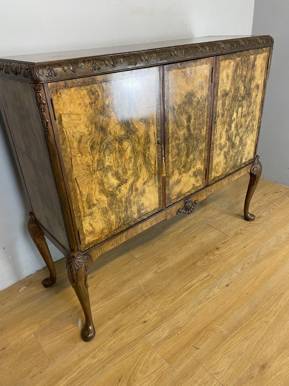 Burr walnut three door side cabinet circa 1920 View II