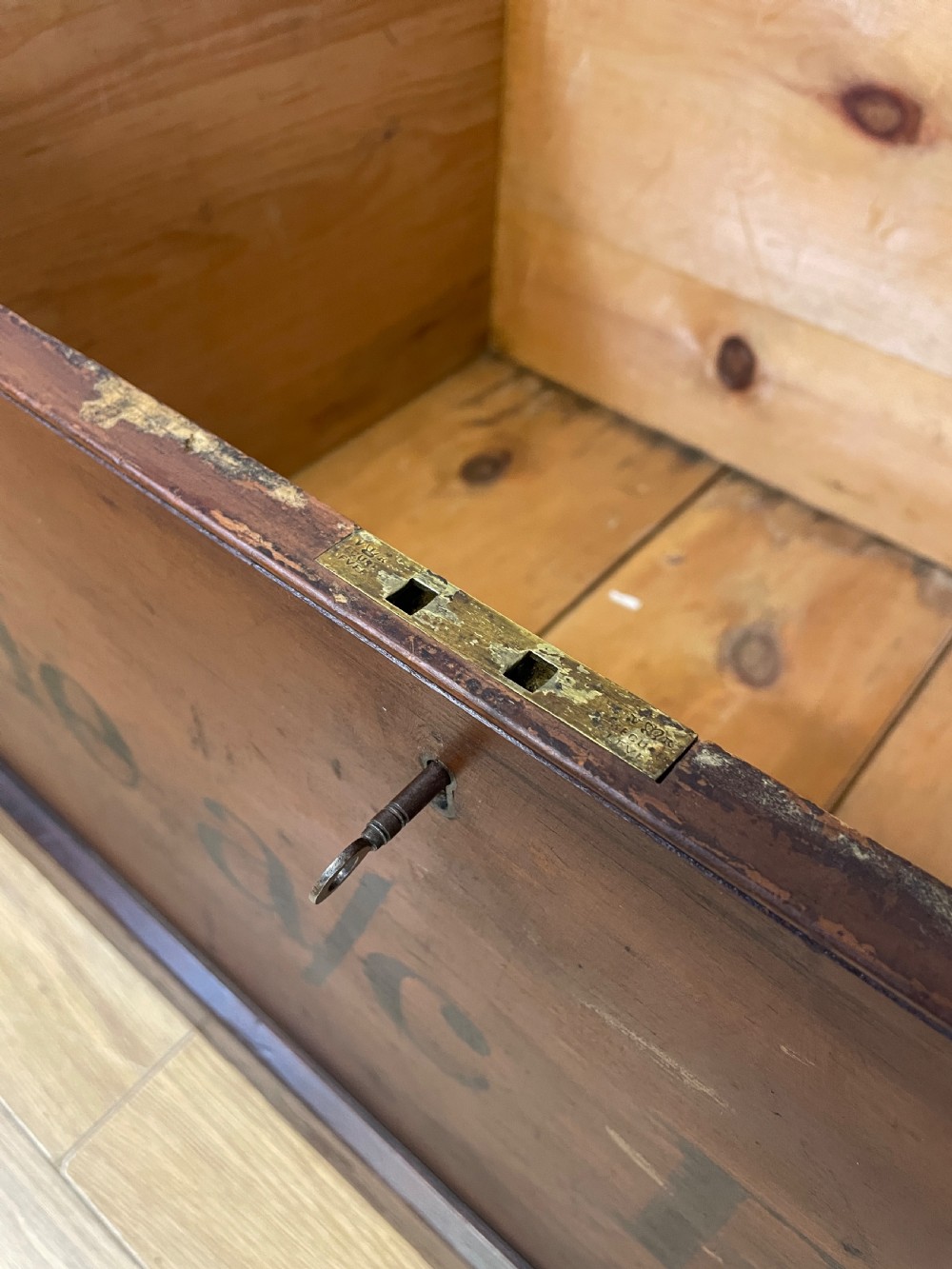 C19TH painted pine box with key  View IX