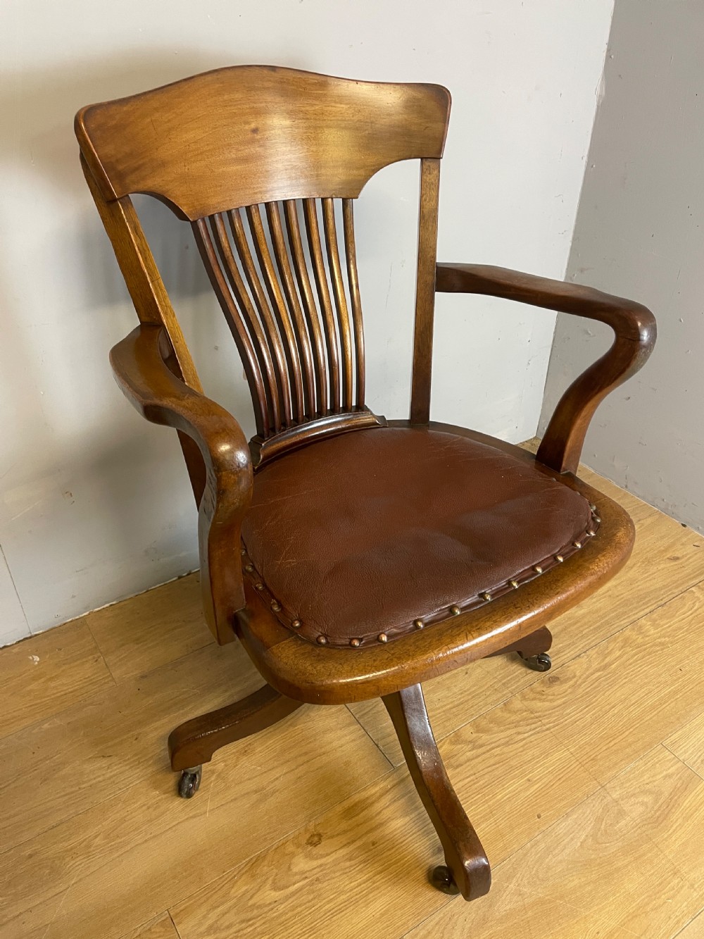 Edwardian mahogany revolving desk chair with leather seat  View II