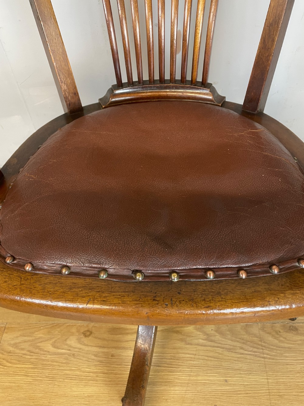 Edwardian mahogany revolving desk chair with leather seat  View III