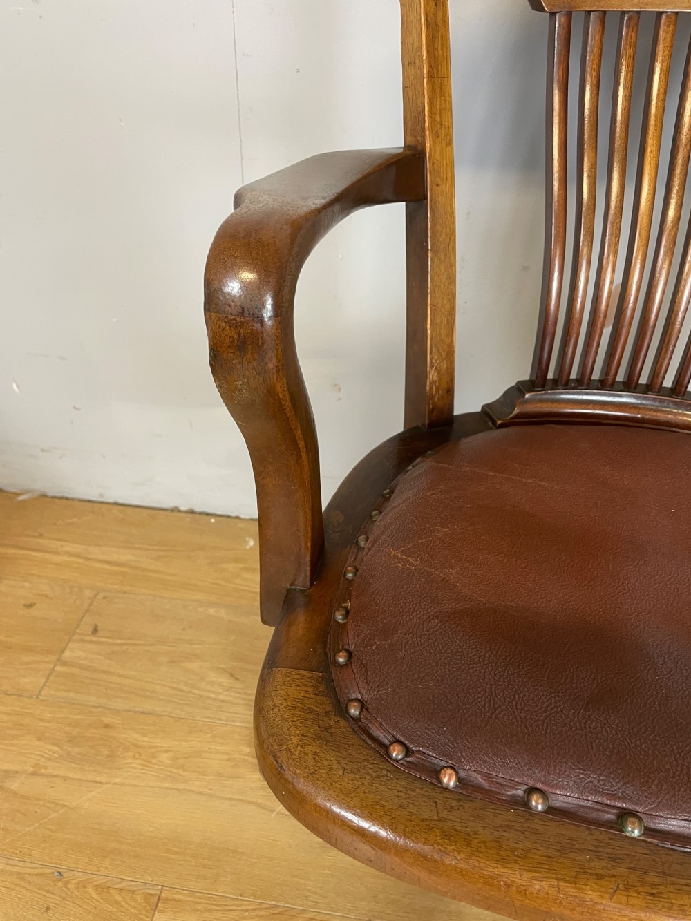 Edwardian mahogany revolving desk chair with leather seat  View V