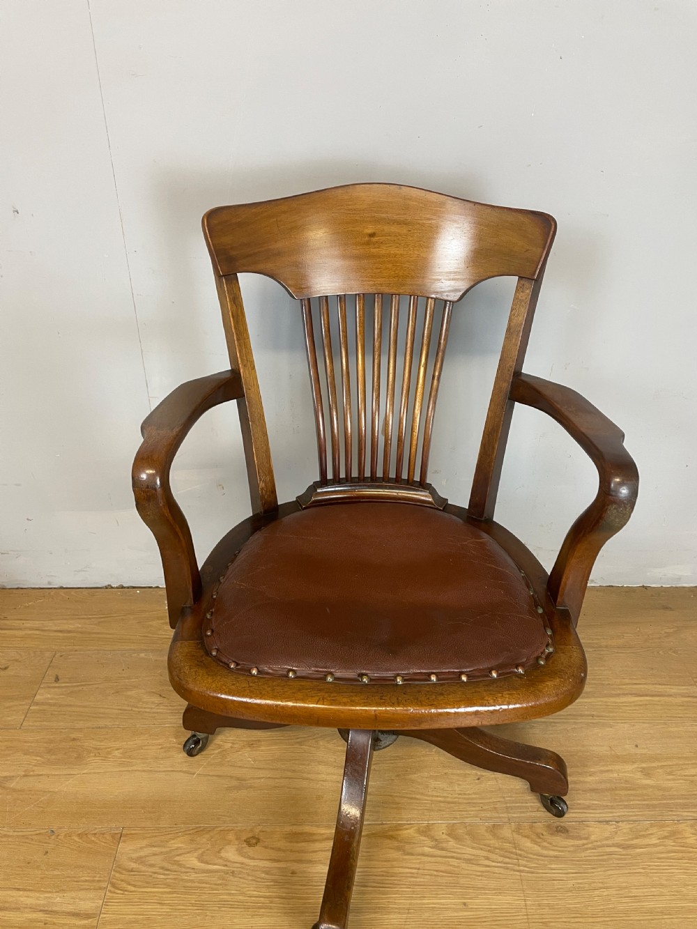 Edwardian mahogany revolving desk chair with leather seat  View VIII