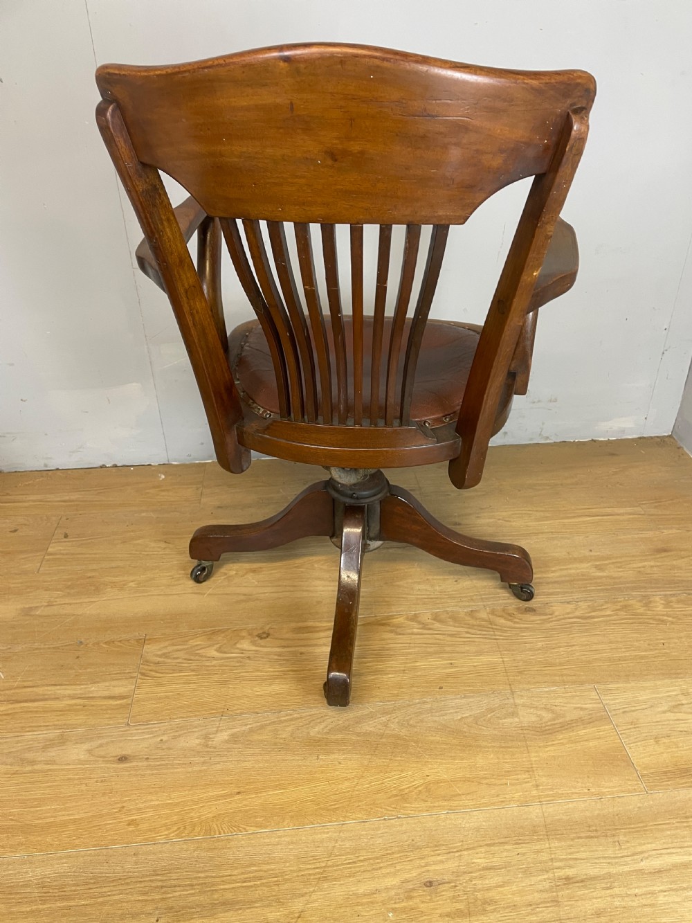 Edwardian mahogany revolving desk chair with leather seat  View X