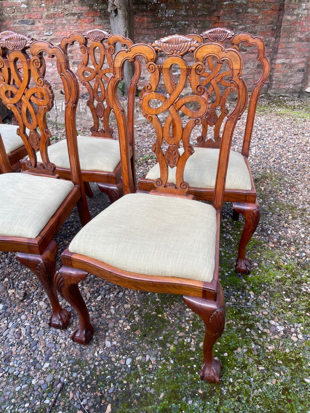Set of six solid walnut Queen Anne style dining chairs circa 1900 View III