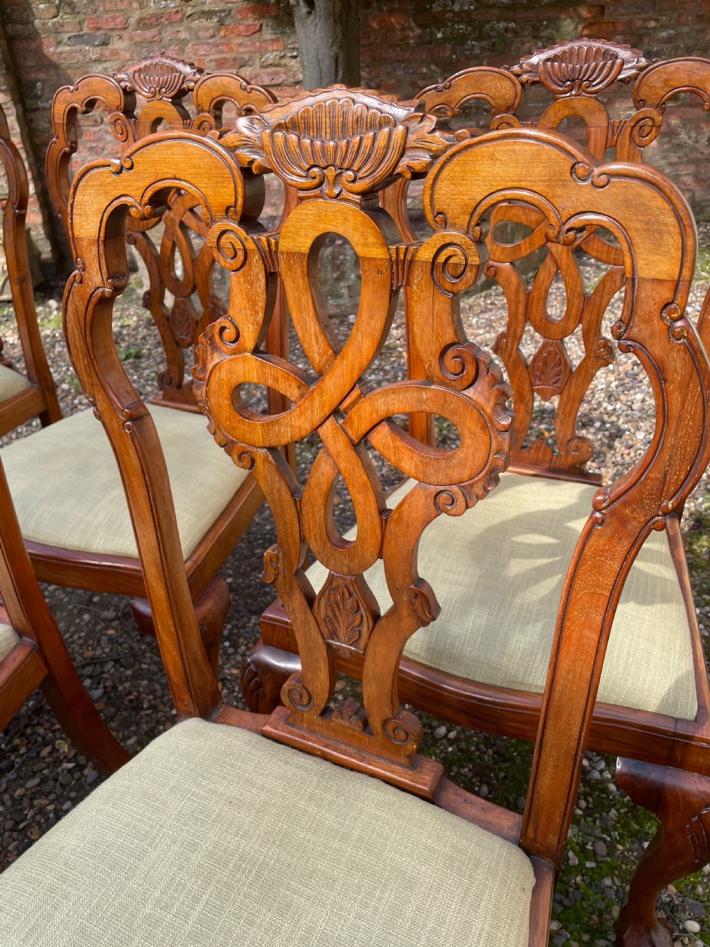 Set of six solid walnut Queen Anne style dining chairs circa 1900 View V