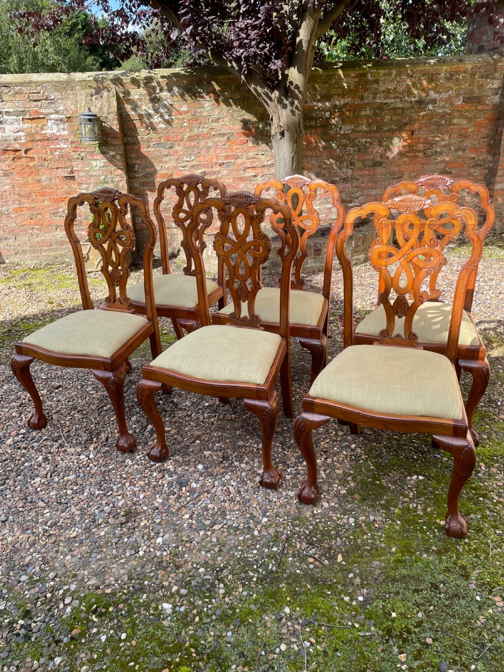 Set of six solid walnut Queen Anne style dining chairs circa 1900 View X
