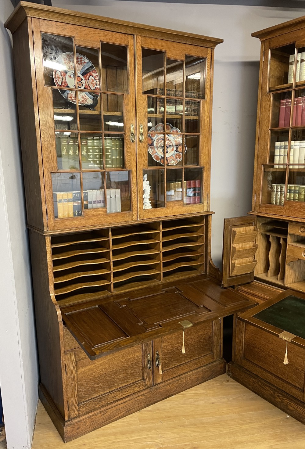 Pair of country house Arts and Crafts golden oak library bookcases  View V