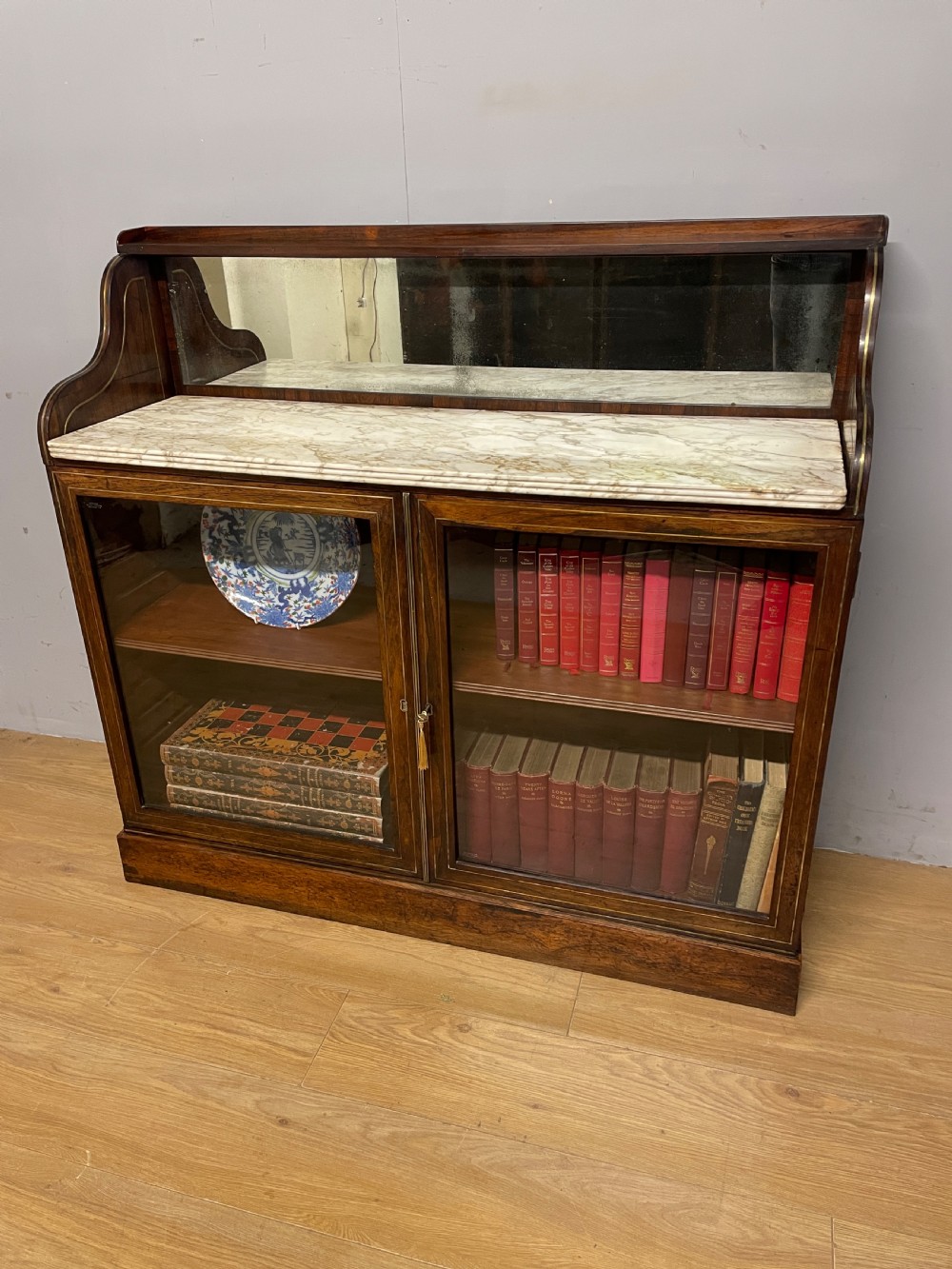 Regency rosewood brass inlaid marble topped bookcase circa 1820 View IV
