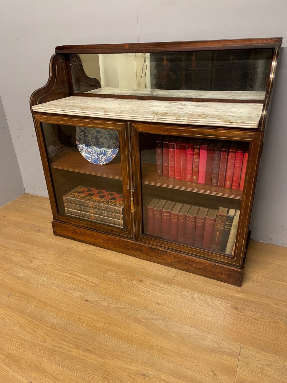 Regency rosewood brass inlaid marble topped bookcase circa 1820 View VII