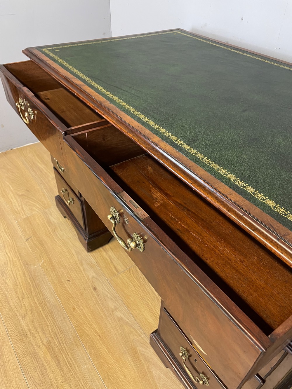 Georgian flame mahogany small partner style desk circa 1800 View X